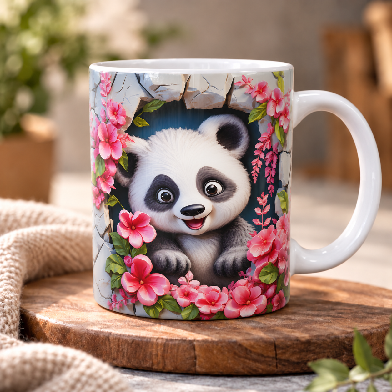 Hrnek „Panda v růžových květech“ – 330 ml